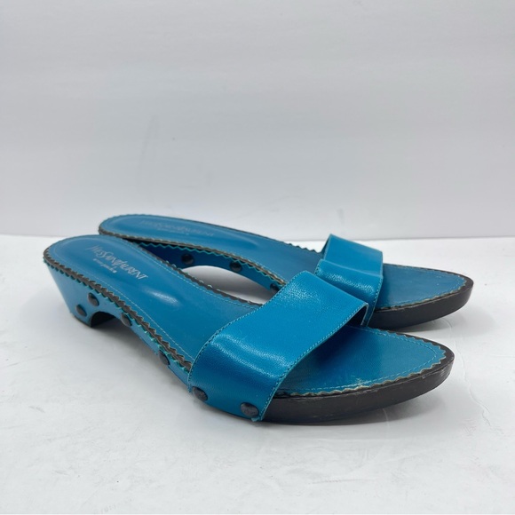 Yves Saint Laurent Shoes - YSL Vintage Women’s 41 Yves Saint Laurent Blue/Green Leather Slide Sandals Italy